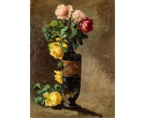 1860 Mailand - 1927 ebd. Öl/Lw. Blumenstillleben. In einer Art-Déco-Vase gelb und rot  blühende Rosen arrangiert. U.r. sign. 