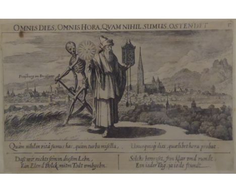 17. Jh.  Kupferstich. Ansicht von Freiburg. Sinnspruch in lateinischer u.  deutscher Sprache. Aus: Thesaurus Philopoliticus o