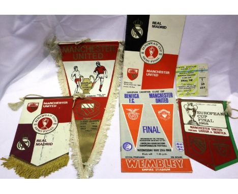 Two Manchester United 1968 European Cup sets, final programme and banner, a Cup Final banner, Counterfoil ticket and a furthe