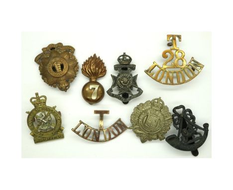 WWI London Regiment cap badges, including London Rifles Volunteers, First Surrey Rifles, London Rifle Brigade, Tenth Battalio