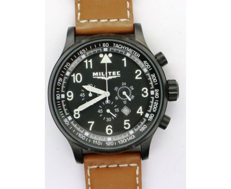 Militec: gents chronograph wristwatch, date aperture and black dial with tachymeter bezel, tan leather strap, working at lott