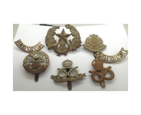 Collection of WWI and WWII British cap badges with a pair of Royal Sussex Regiment shoulder flashes (7). P&amp;P Group 1 (£14