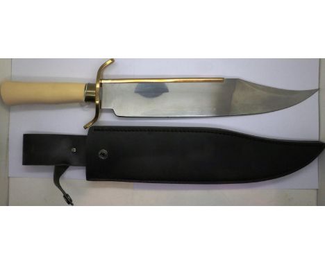 Large hand forged Bowie style knife with black leather sheath. P&amp;P Group 3 (£25+VAT for the first lot and £5+VAT for subs