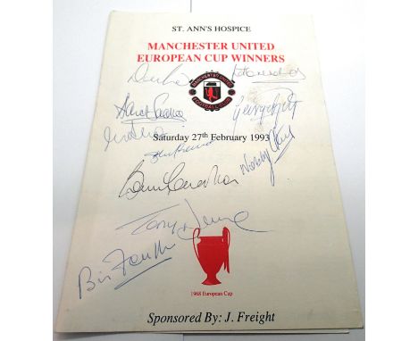 Manchester united 1993 Hospice dinner menu celebrating 25 years anniversary of European cup win, signed by George Best, Nobby