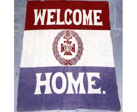 WWII Welcome Home flag showing Victoria Cross, 108 x 83 cm. P&amp;P Group 1 (£14+VAT for the first lot and £1+VAT for subsequ