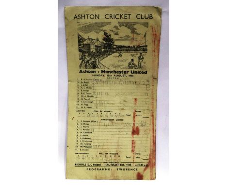 Rare 1948 Ashton Cricket Club v Manchester United cricket programme, United won, 15th August 1948. P&amp;P Group 1 (£14+VAT f