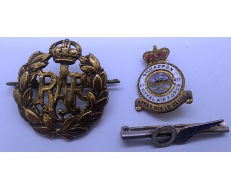 WWII RAF cap badge, a 617 enamelled lapel pin and an enamelled silver Observers badge (3). 617 badge reads squadron royal air