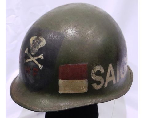 Vietnam War period US M1 helmet, found in Saigon, later painted. P&amp;P Group 2 (£18+VAT for the first lot and £3+VAT for su