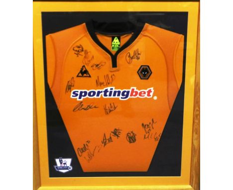 Framed Wolverhampton wanderers FC rugby orange Le Coq Sportif shirt/Sporting Bet, signed, 76 x 89 cm. P&amp;P Group 1 (£14+VA