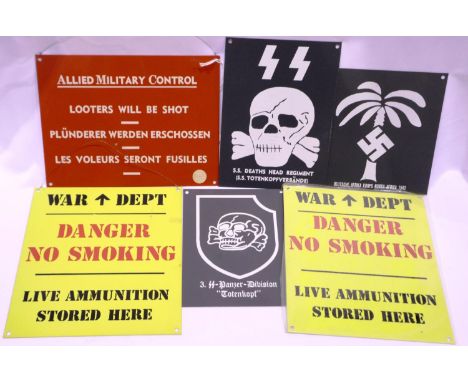 Six metal reproduction wall hanging signs to include SS and Afrika Korps. P&amp;P Group 1 (£14+VAT for the first lot and £1+V