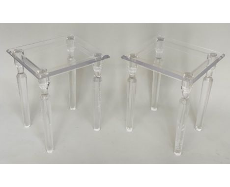 LAMP TABLES BY CHRISTELLE, a pair, ghost tables rectangular glazed with lucite supports, 45cm x 40cm x 56cm H. (2) 