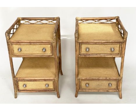 LAMP TABLES, a pair, bamboo framed, wicker panelled and cane bound each with two drawers and gallery, 45cm x 46cm x 68cm H. (