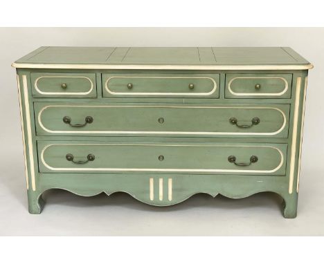 COMMODE BY GRANGE, Provincial Directoire design and moss green painted with three short and two long drawers, 150cm x 55cm x 