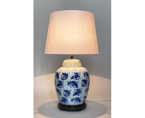 CARP TABLE LAMP, 80cm H, large Chinese blue and white ceramic, of lidded vase form on wooden base (adjustable height). 