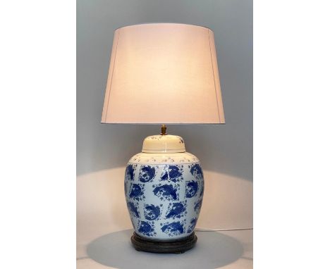 CARP TABLE LAMP, 80cm H, large Chinese blue and white ceramic, of lidded vase form on wooden base (adjustable height). 