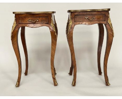 LAMP TABLES, a pair, French transitional style burr yewwood panelled tulipwood crossbanded and gilt metal mounted each with f