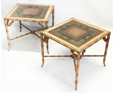 LAMP TABLES, a pair, Regency design, faux bamboo frames with eglomise style glass tops, 49cm H x 56cm x 56cm. (2) 