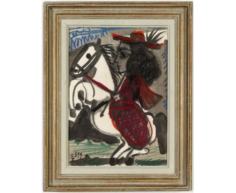 PABLO PICASSO, Woman on horseback, off set lithograph, suite: Toros, French vintage frame. 26cm x 37cm 