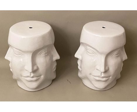 SURREALIST STYLE BARREL STOOLS, pair, each 44cm H x 38cm diam, glazed ceramic. (2) 