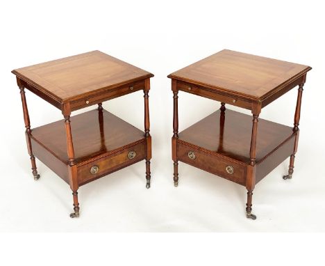 LAMP TABLES, a pair, George III design mahogany and crossbanded each with drawer and undertier, 47cm x 47cm x 51cm H. 