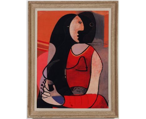PABLO PICASSO, Seated woman on cotton, vintage French frame. (Subject to ARR - see Buyers Conditions) 90cm x 67cm. 