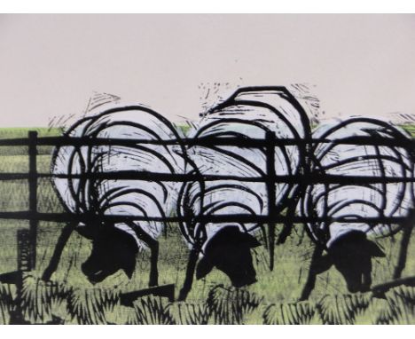 Sarah Masters,colour lino-cut print, sheep at the gate, signed in pencil, no. 5/10, image 14" x 20".