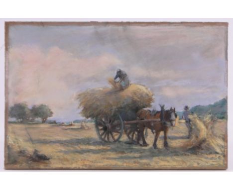 Jane Bennett Constable, (1867- circa 1935),coloured pastels on canvas, haymaking scene, 10" x 14", unframed.