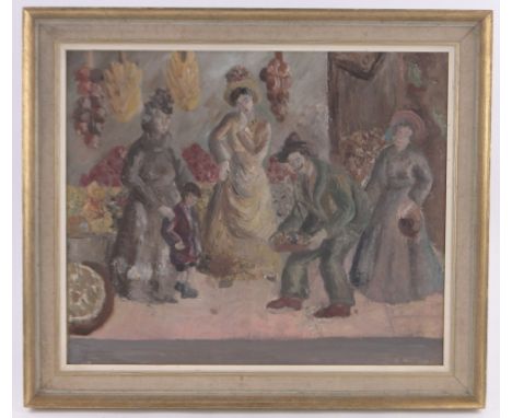Early 20th century oil on canvas, market scene, unsigned with a portrait verso, 20" x 24", framed.