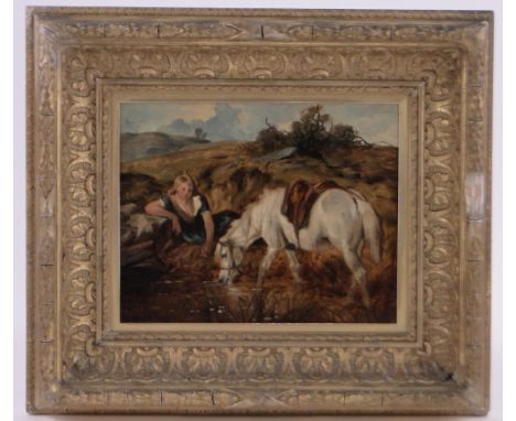 John Arnold Wheeler, (1821-1903),oil sketch on board, watering a horse, inscribed verso, 9" x 11", framed.