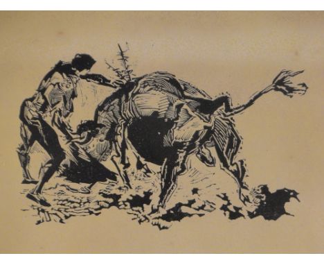 Gertrude Hermes (1901-1983),wood-cut print, Matador and bull, signed in pencil, dated 1955, image 12" x 15", framed.