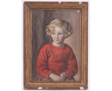 Mid 20th century watercolour, portrait of a girl in a red dress, indistinctly signed, 21" x 14", framed.