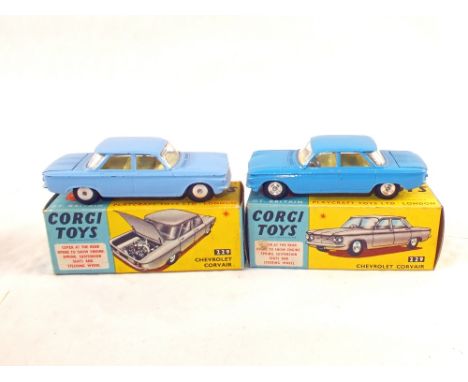 Two boxed Corgi Toys 229 Chevrolet Corvairs, one in light blue body and one in dark blue body