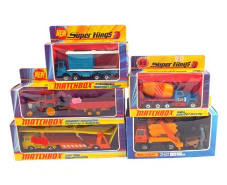 A boxed Matchbox Superkings K3 Massey Ferguson tractor and trailer, K11 DAF car transporter, K14 Scammel freight liner, K6 GM