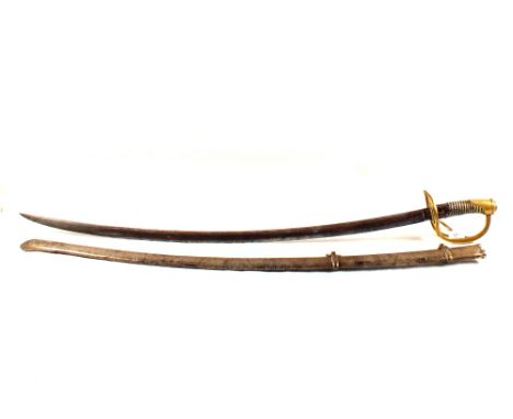 A 19th Century continental Cavalry brass hilt Troopers sword in its steel scabbard, similar to French model