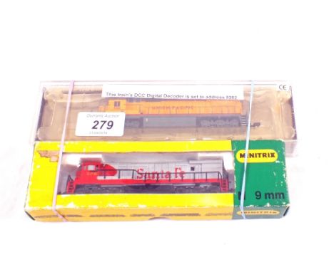 A boxed Bachmann Union Pacific loco N gauge and a Minitrix 2006 Sante Fe loco