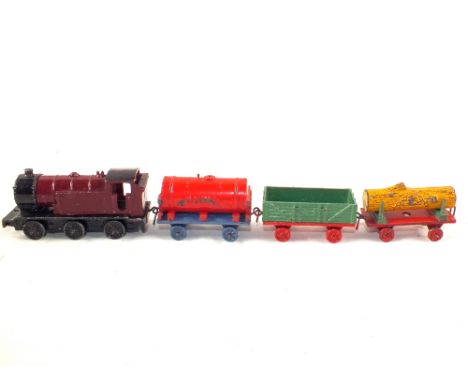 A Dinky No.19 mixed goods train 21A loco maroon and black, 21B wagon green and red, 21D silver petrol tank red and blue and 2