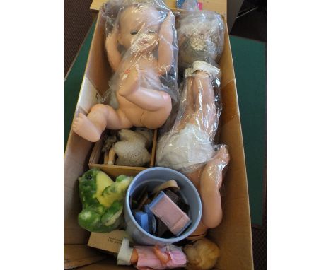 Various dolls and bears, books and a Bagatelle board