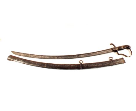 A 1796 Cavalry Troopers sword with engravings to the blade, worn in places, in its steel scabbard