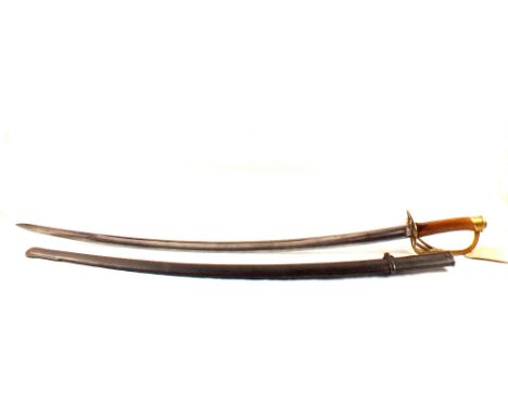 A continental Cavalry sabre with brass hilt, blade dated 1897, with scabbard