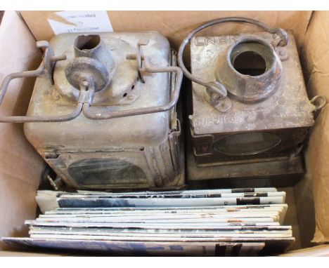LNER Welch patent railway oil lamp marked Bramford plus one other, a steam engine oil funnel and various magazines