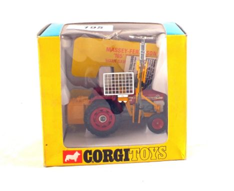 A Corgi Toys 56 tipper trailer and Corgi Toys 73 Massey Ferguson '165' tractor with saw attachment, both in window boxes