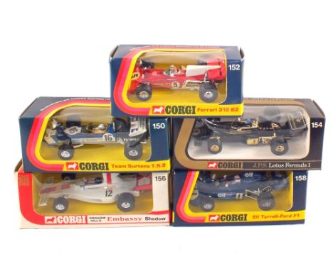 A boxed Corgi J.P.S. Lotus Formula 1, 150 Team Surtees T.S9, 152 Ferrari 312B2 Formula 1, 156 Graham Hills embassy shadow and