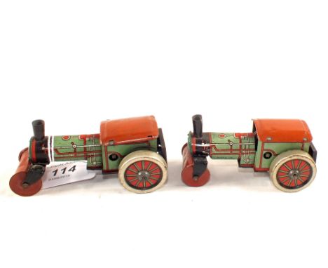 Two Wells Brimtoy tin plate clockwork steam rollers