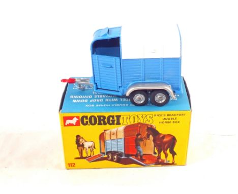 A boxed Corgi Toys 112 Rice's Beauford double horse box, with two horses and instruction leaflet