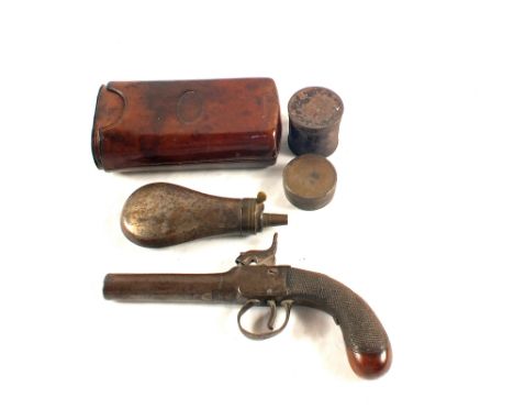 A percussion pocket pistol with flask, cap tins and cigar case, dated 1847