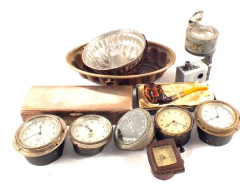 A compass and various car clocks etc including a meerschaum pipe