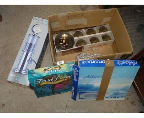 A box of Arcoroc glass cups and saucers, board game etc. 