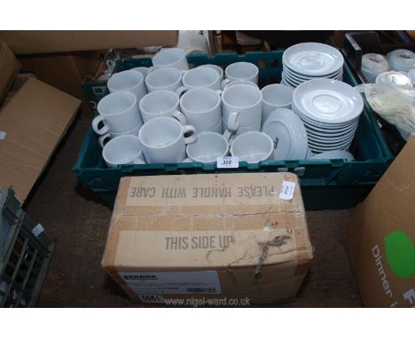 A large quantity of catering teacups &amp; saucers. Approx 75 saucers and 60 cups.