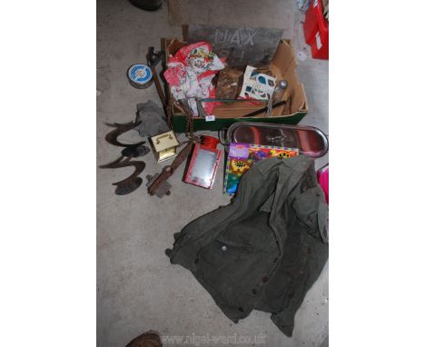 Miscellanea incl. stainless steel fish kettle, lamp, ex-military jacket, puzzle and tools etc.