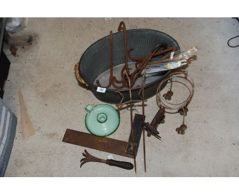 Miscellanea incl. metal planter/bucket, candle holder, meat hooks, knitting needles etc.